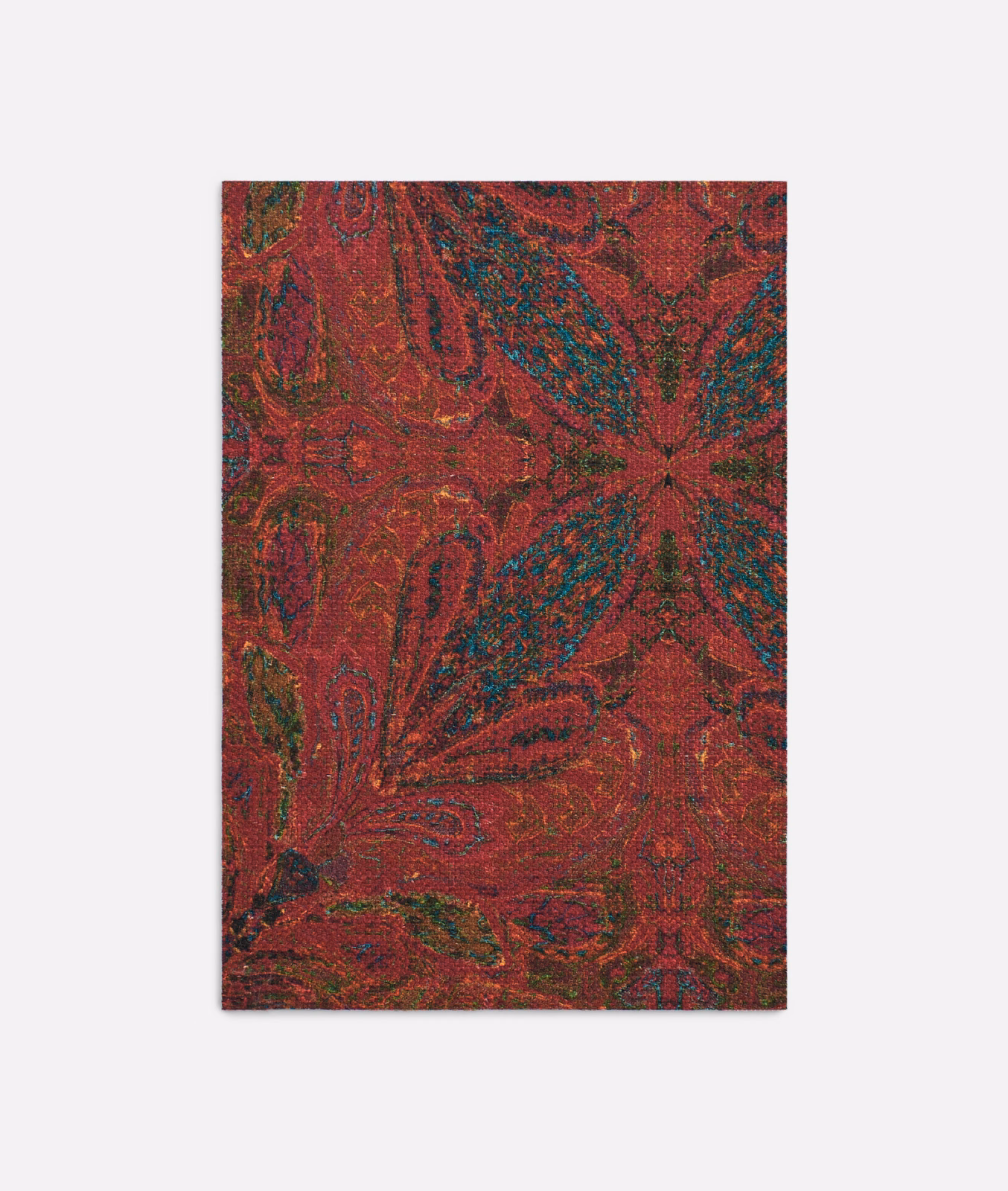 Deep rouge satin swatch with teal, olive and plum paisley motifs