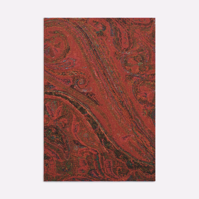 Deep burgundy satin paisley with olive-black curling details and diagonal patterning