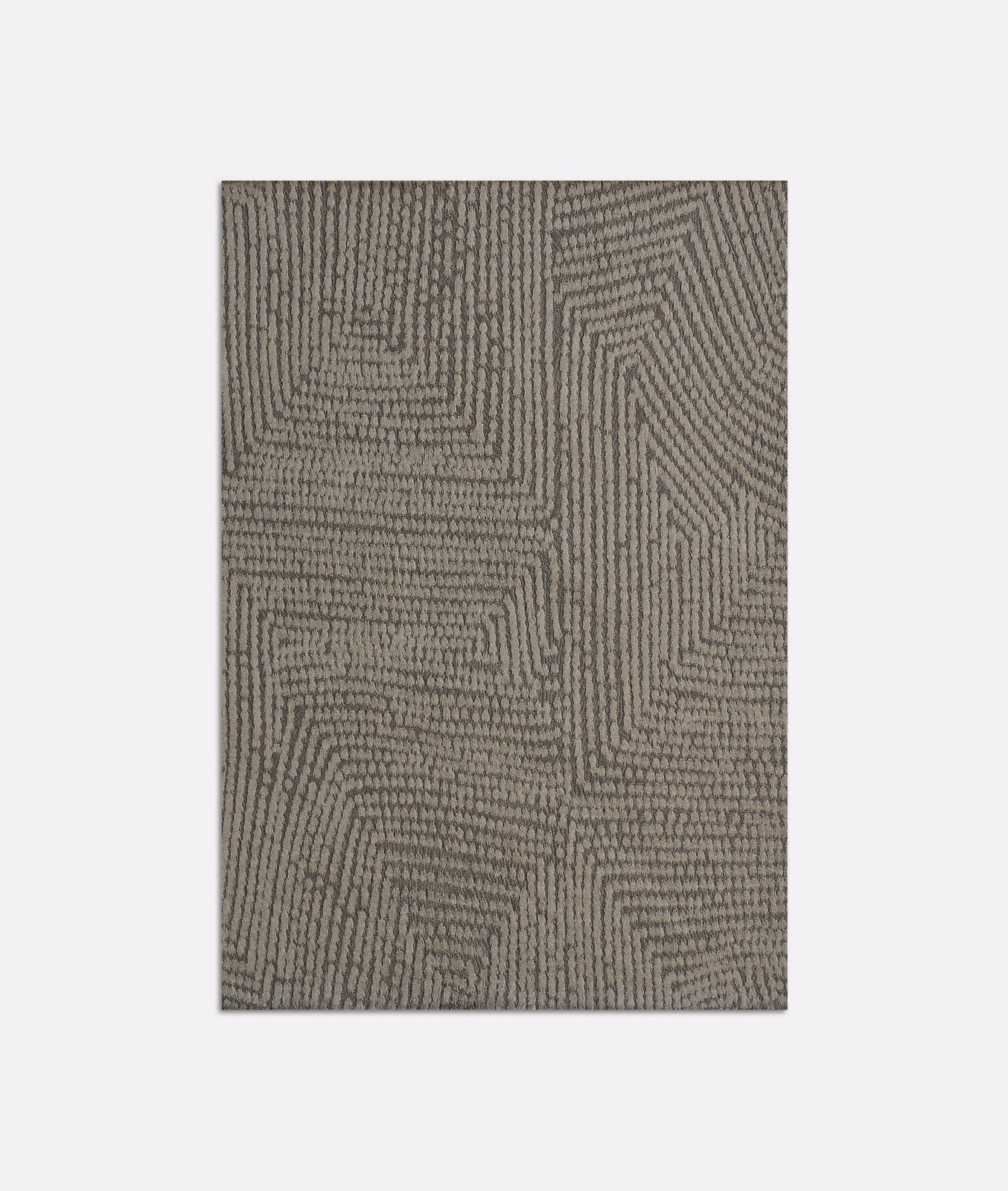 Muted taupe woven textile with raised maze-like geometric lines and charcoal shadowing