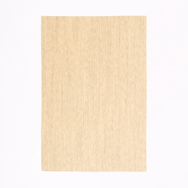 Pale sandy beige fabric swatch with fine vertical woven striations