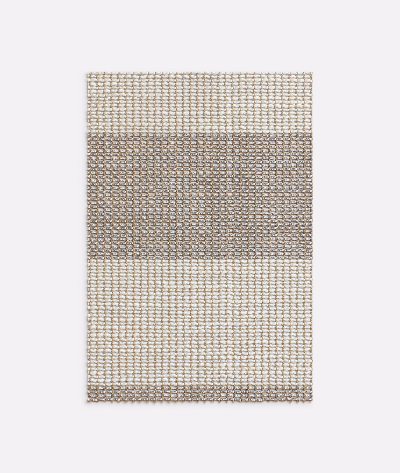 Araari Silver sheer fabric with open grid and silver-grey taupe horizontal bands