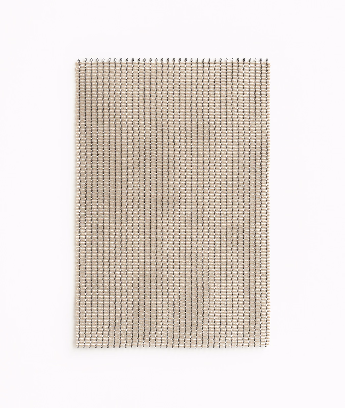 Warm beige sheer swatch with fine vertical ribs and tiny open grid texture