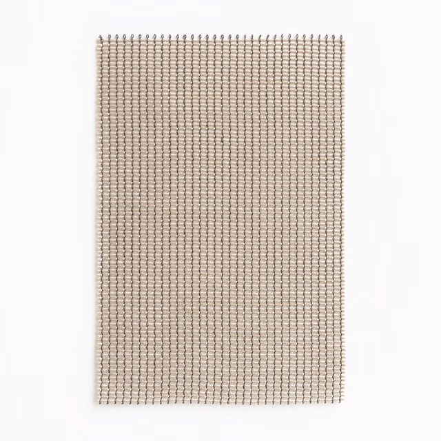 Warm beige sheer swatch with fine vertical ribs and tiny open grid texture