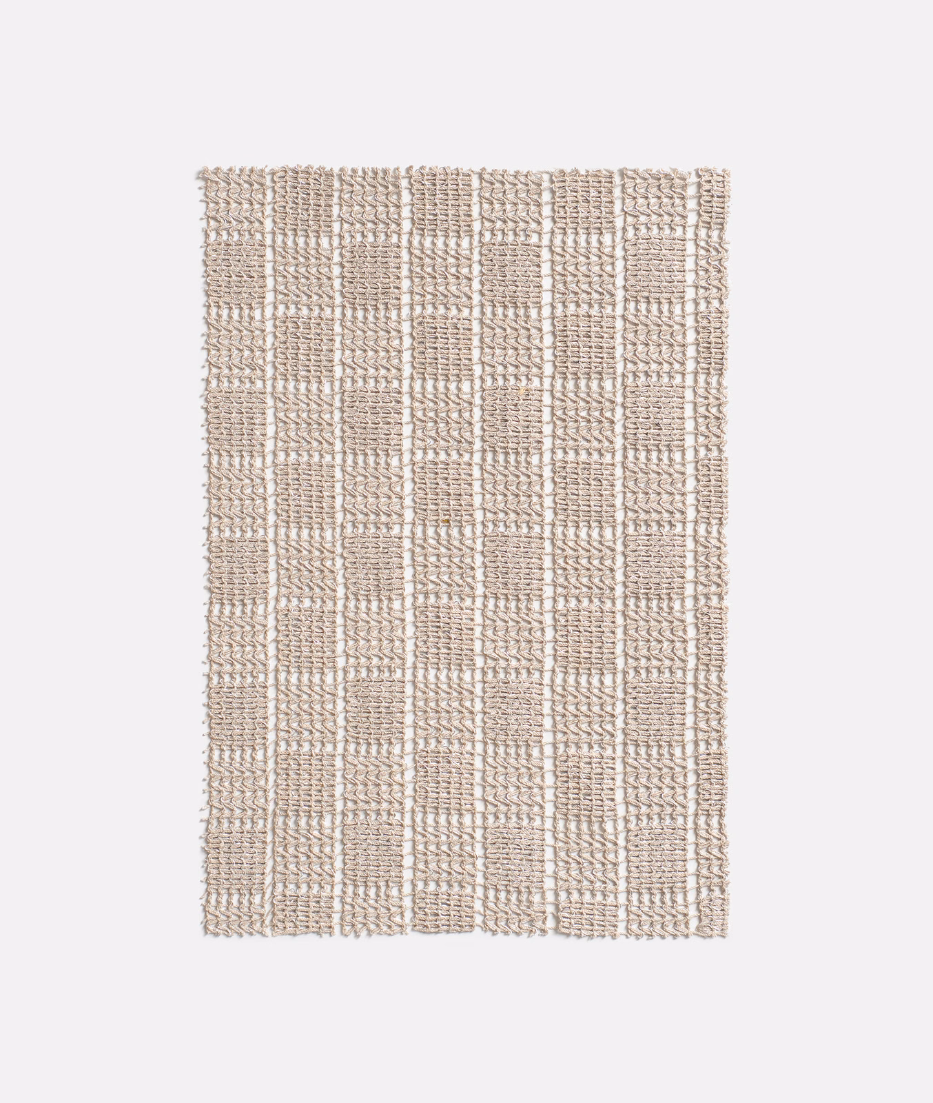 Pale greige sheer textile with open check weave and subtle vertical bands