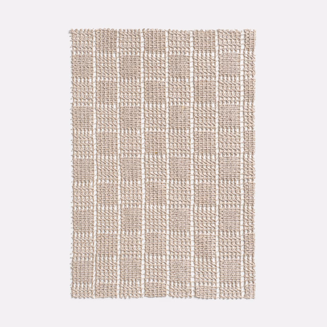 Pale greige sheer textile with open check weave and subtle vertical bands