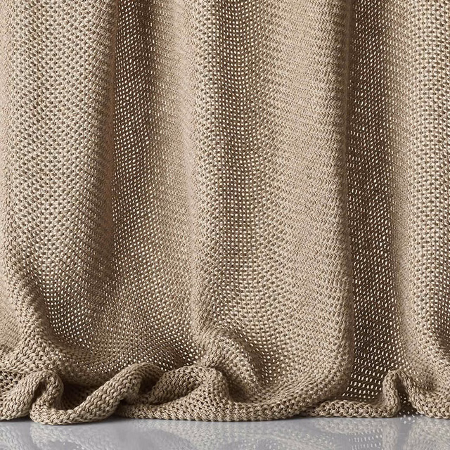 Warm taupe sheer textile with open basket weave gathered into soft folds