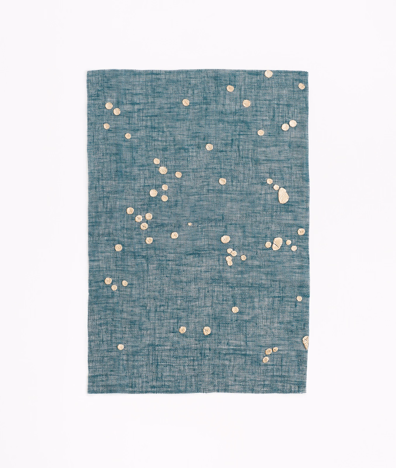 Teal-blue crosshatched sheer with scattered ivory confetti spots in varied sizes
