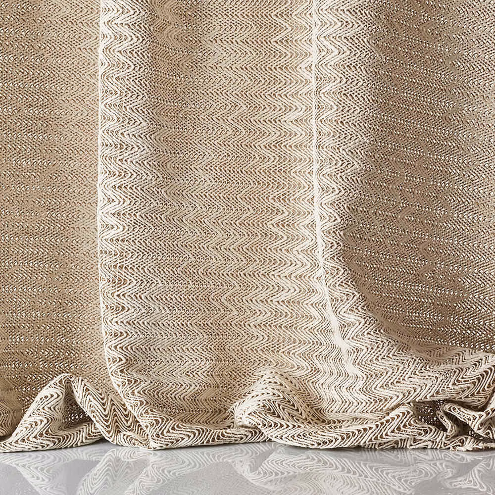 Warm taupe-beige sheer fabric with dense cream zigzag crocodile weave