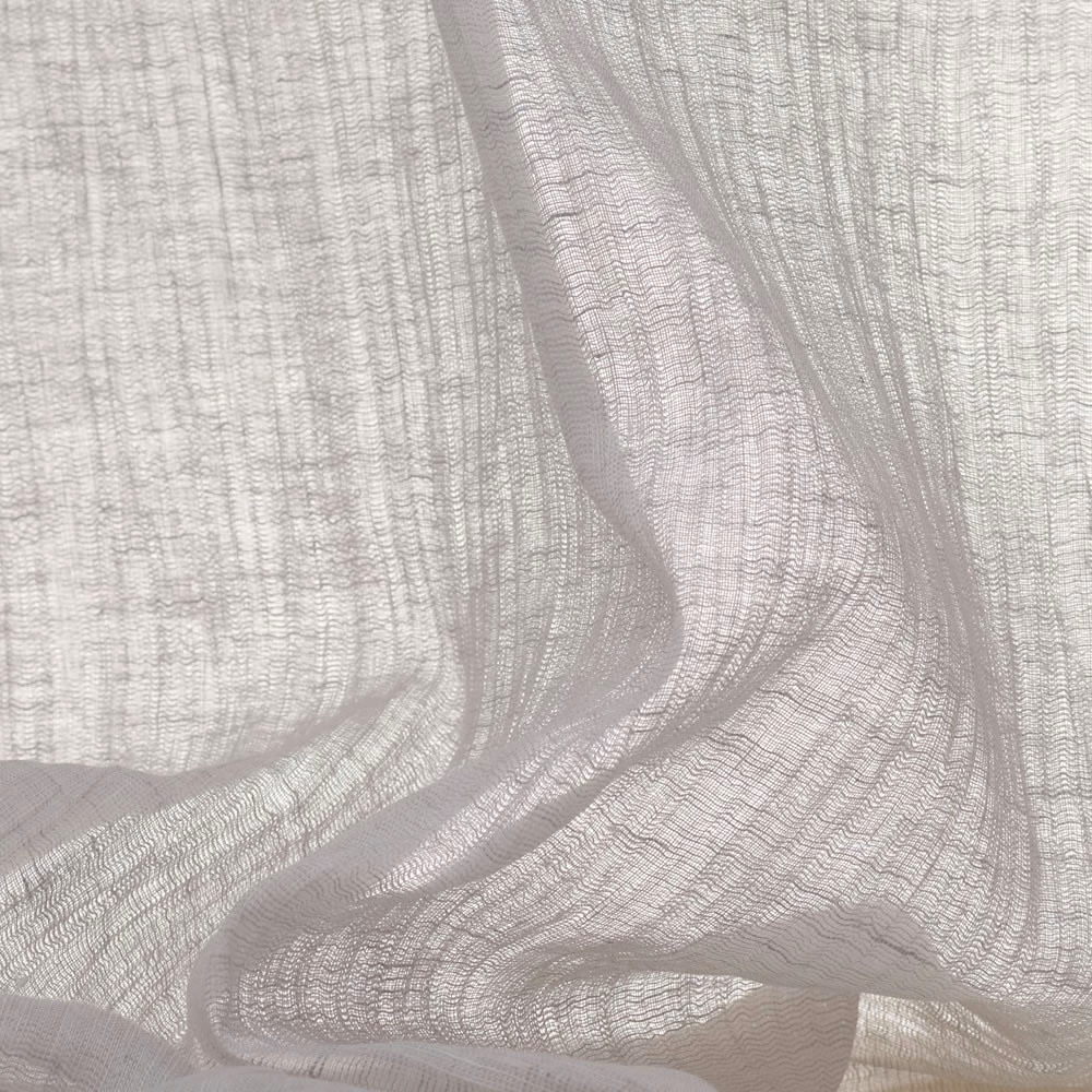 Pale pearl-grey sheer with open gauze weave gathered into translucent folds