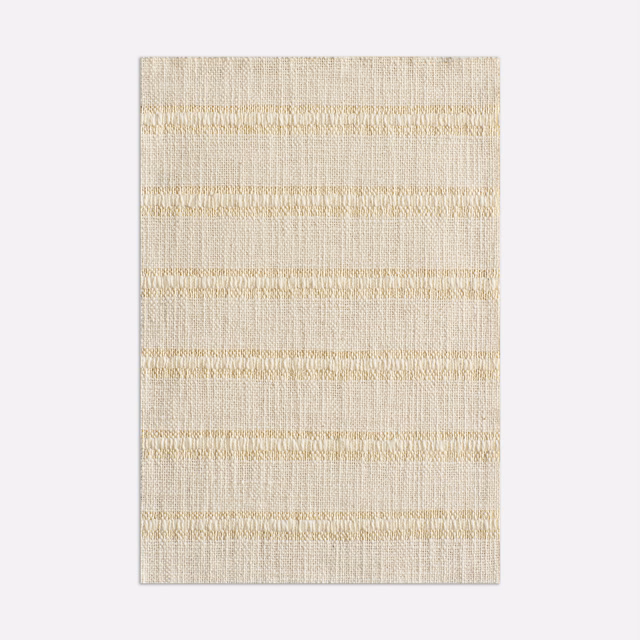 Ivory sheer fabric with fine vertical texture and soft horizontal oatmeal bands