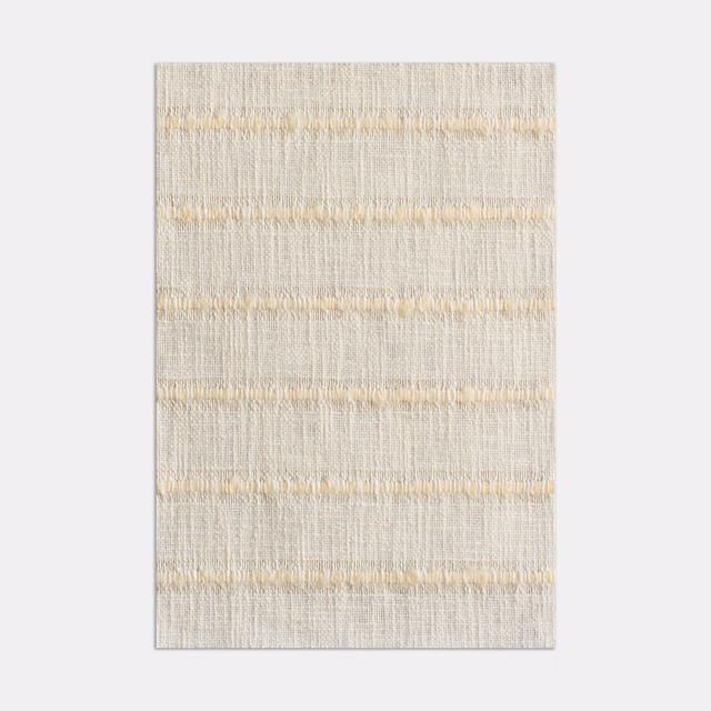 Pale magnolia sheer textile with slubby vertical texture and soft golden horizontal bands