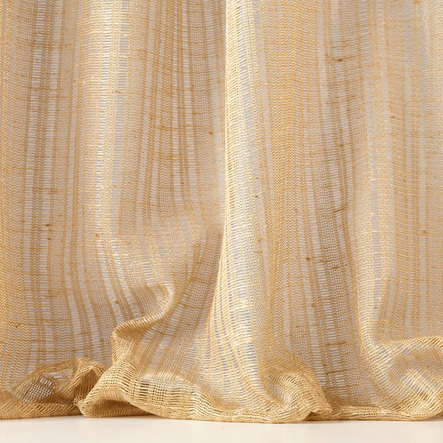 Warm sand-beige sheer weave with vertical striations and softly pooled folds