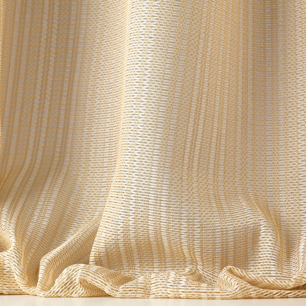 Warm ivory sheer cloth with fine beige vertical stripes in gathered folds