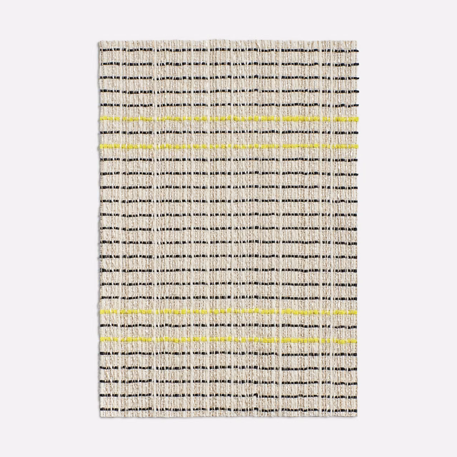 Ivory sheer weave with broken black lines and vivid lime horizontal bands