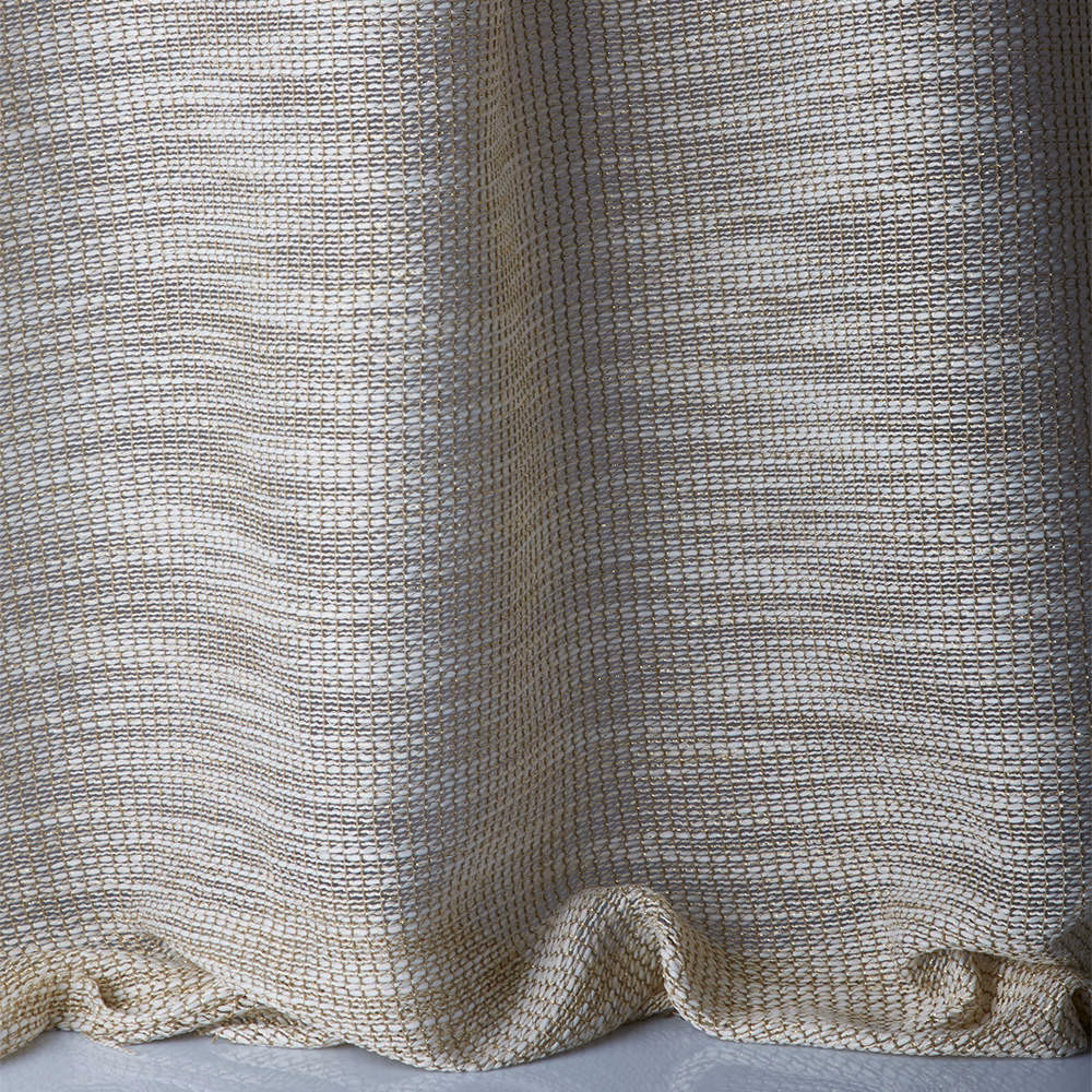 Pale greige sheer fabric with irregular horizontal weave in gathered folds
