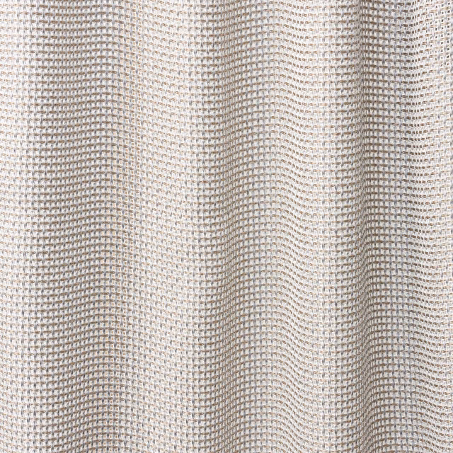 Pearl sheer fabric with taupe-grey open weave gathered into soft vertical folds
