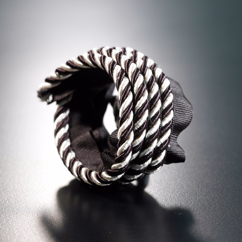 Cream and near-black twisted lipcord showing a raised rope texture and spiral pattern