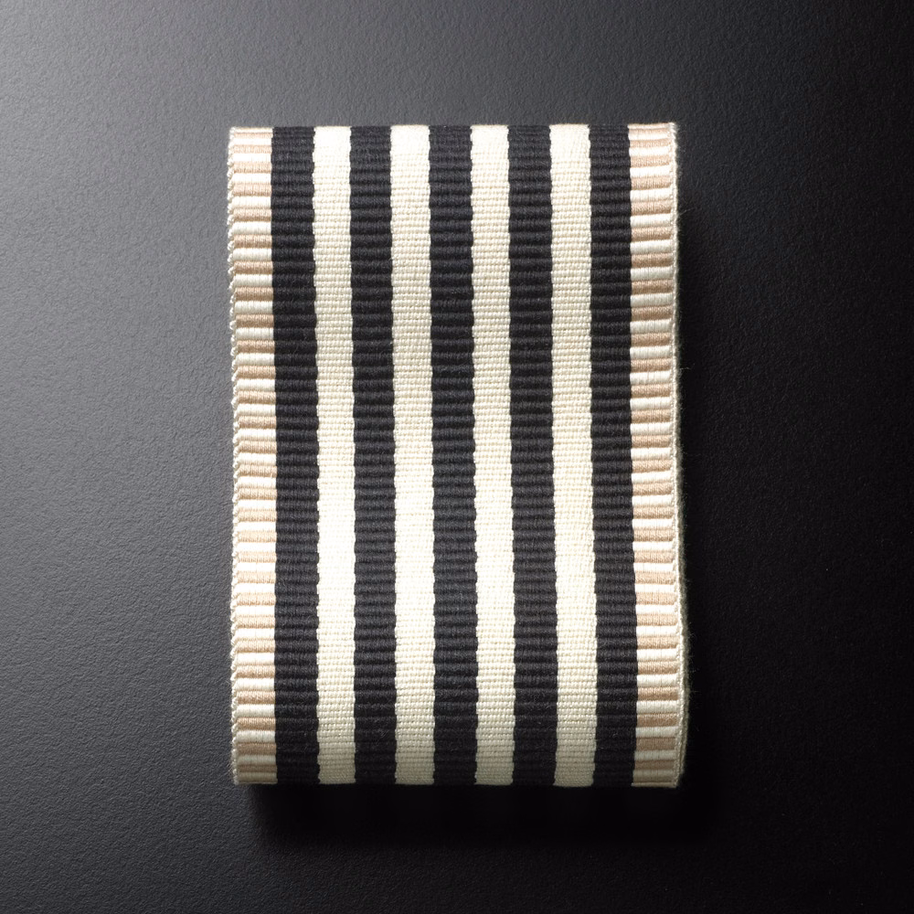 Charcoal and ivory vertical ribbed stripes with pale blush edge bands