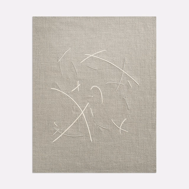Warm greige woven textile with scattered white curved linear marks and subtle slub texture