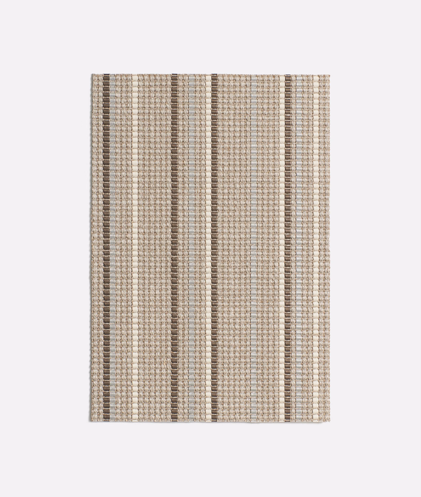 Silver-grey, taupe and cream vertical stripes over a finely checked woven ground