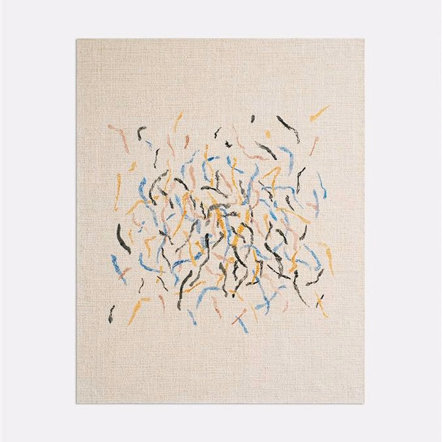 Warm beige woven ground with black, blue, ochre and rust abstract marks