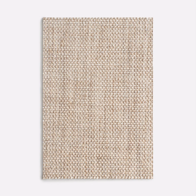 Warm linen-beige upholstery swatch with taupe flecks and chunky woven texture