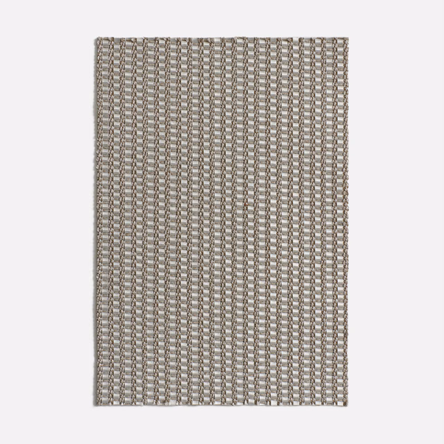 Close view of Clink Silver’s silver-grey woven vertical stripe texture with taupe-brown accents