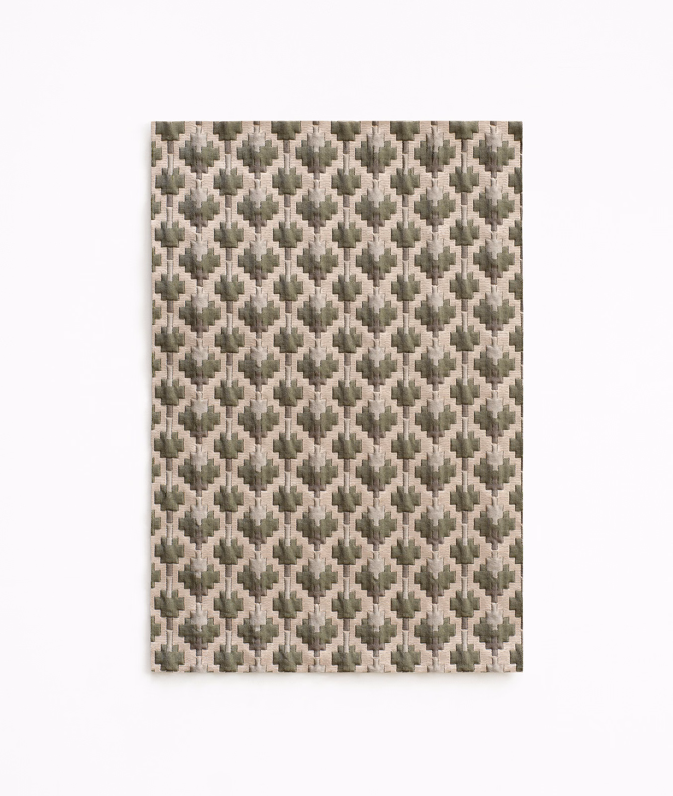 Warm ivory woven swatch with repeating sage-grey diamond motifs and soft texture
