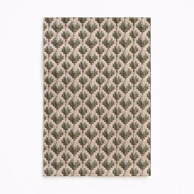 Warm ivory woven swatch with repeating sage-grey diamond motifs and soft texture
