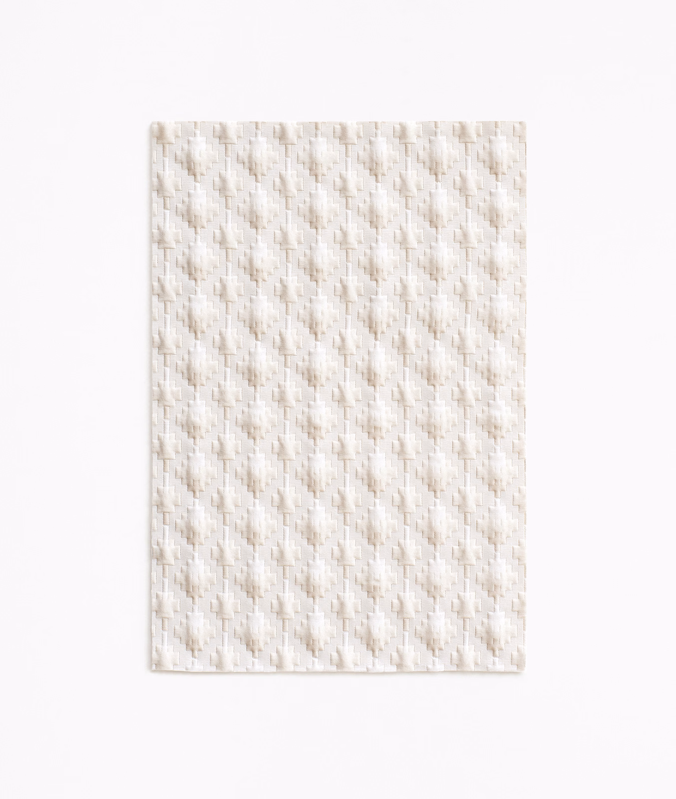 Warm ivory upholstery swatch with small raised geometric woven motifs in vertical rows