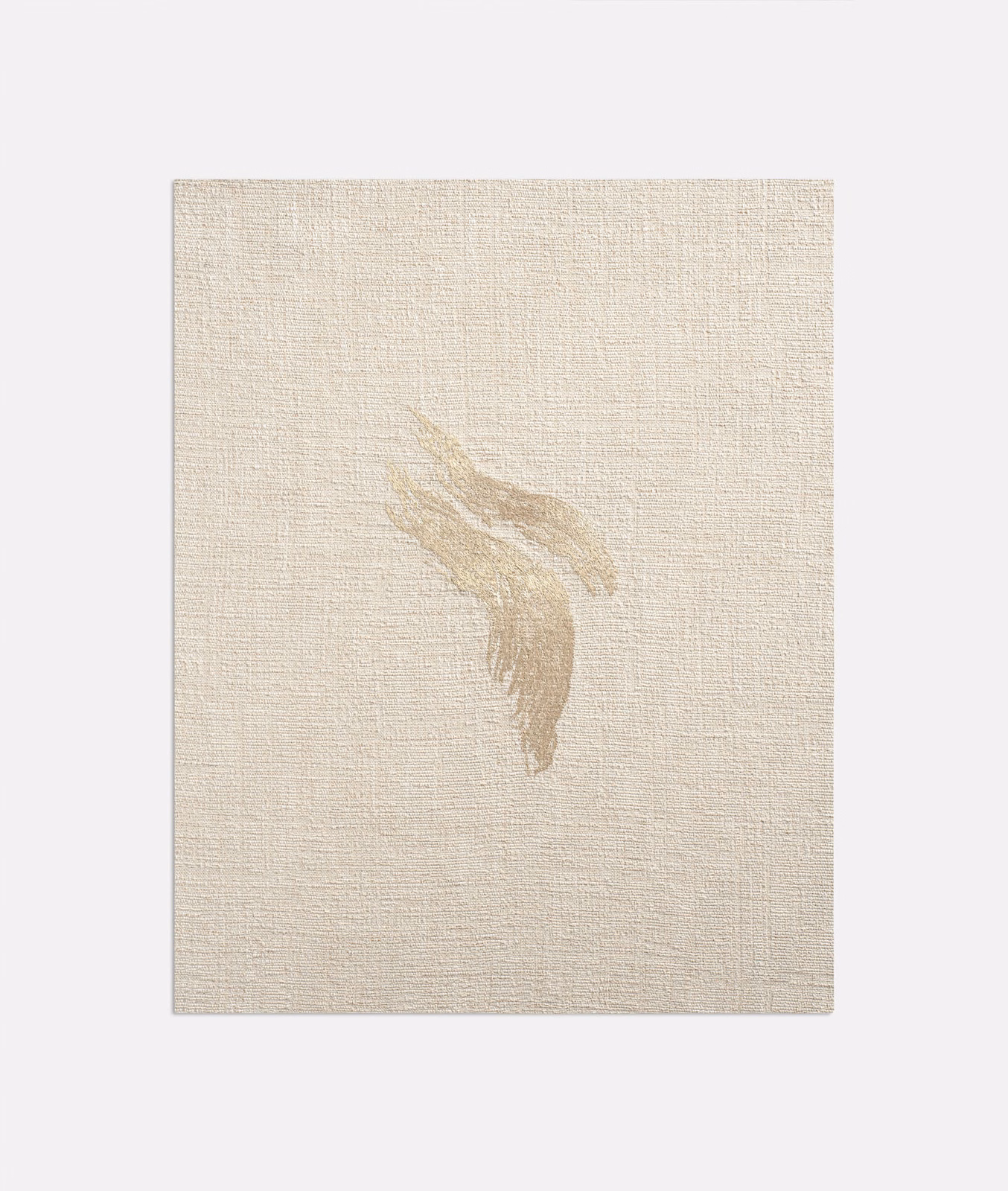Warm ivory woven fabric with a muted taupe-gold feather-like abstract motif