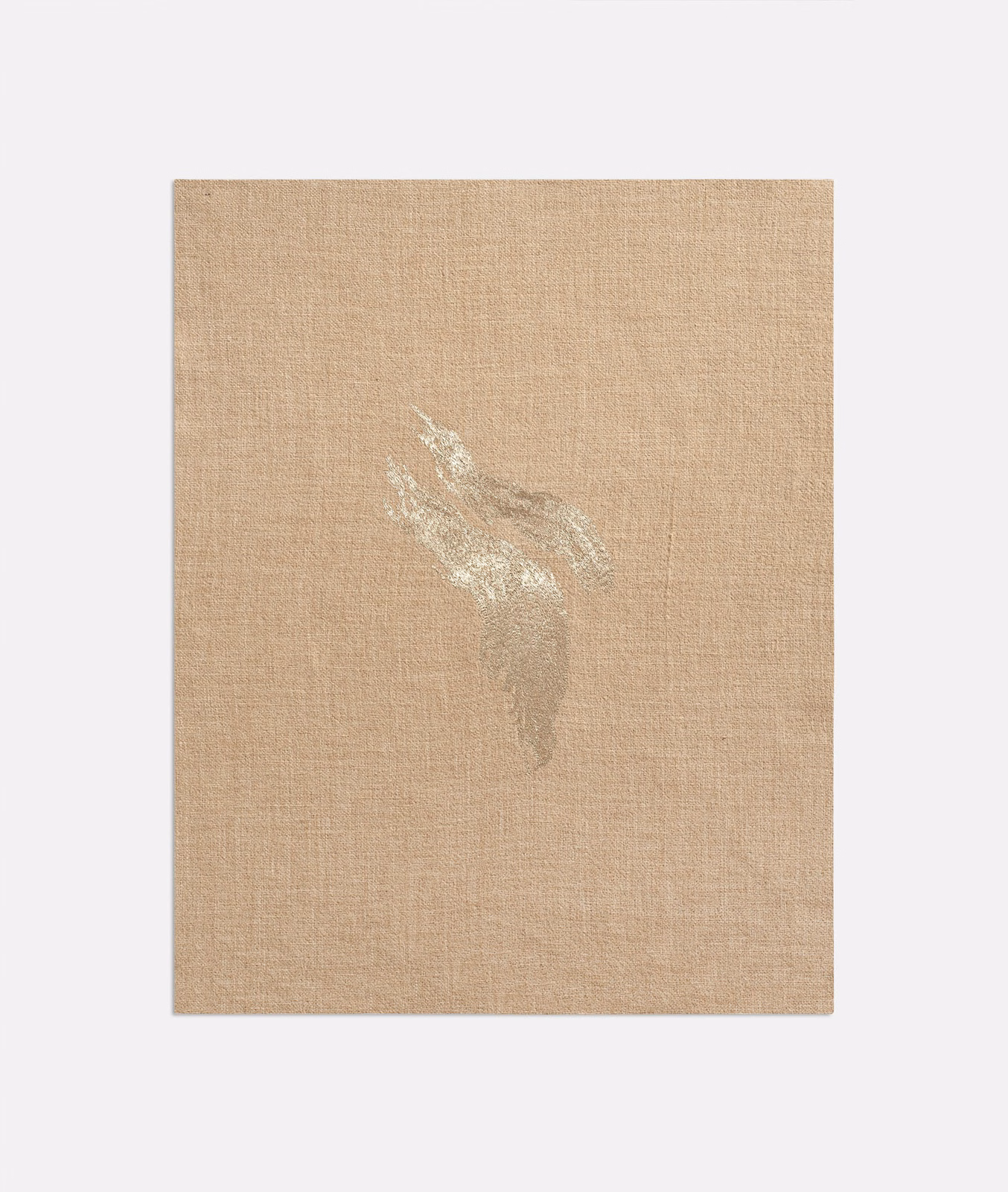 Warm beige woven swatch with a softly brushed ivory feather-like motif