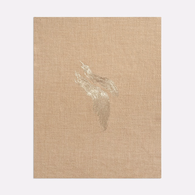 Warm beige woven swatch with a softly brushed ivory feather-like motif