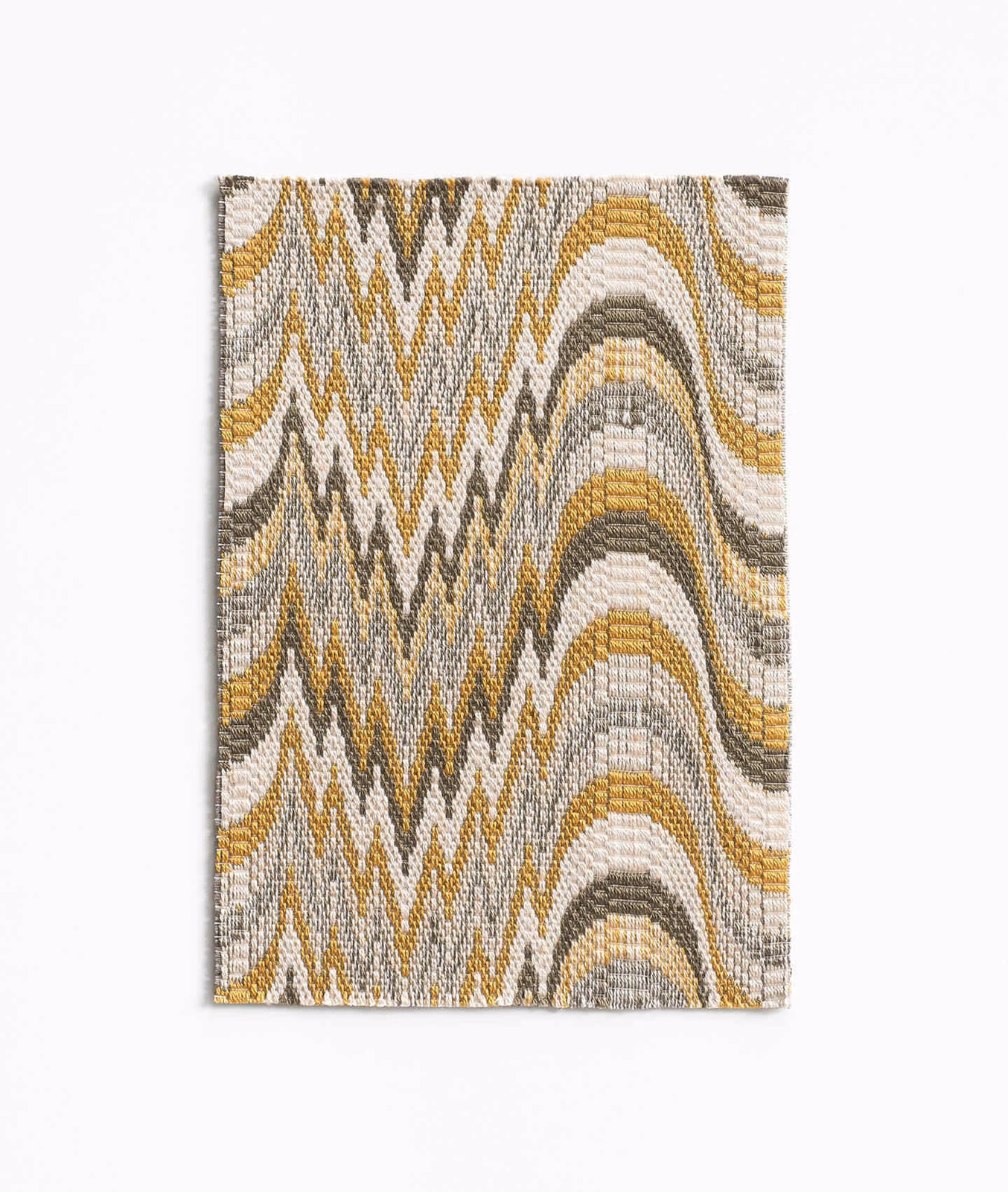 Cream, charcoal, grey and ochre woven zigzags with arched bands