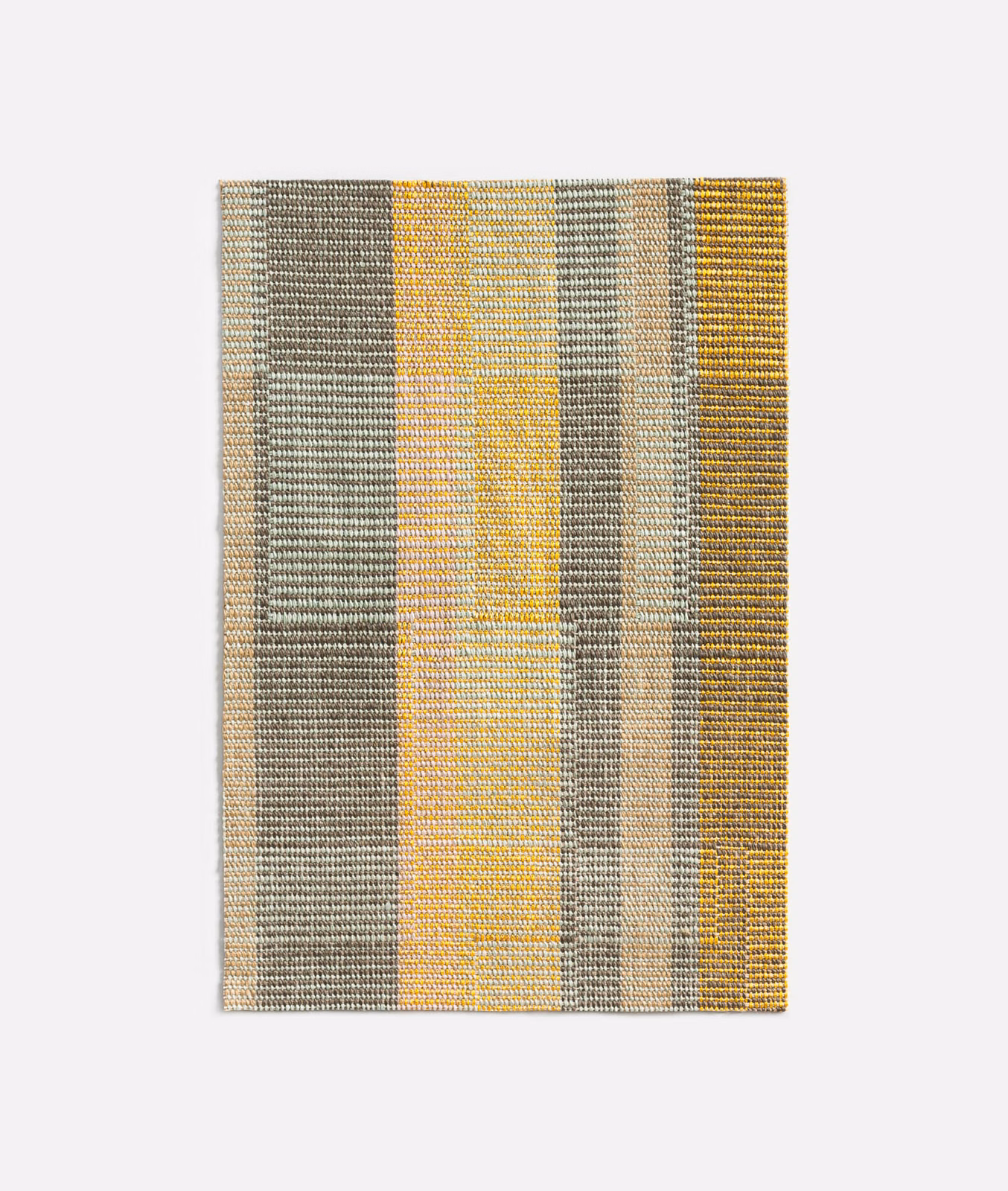 Dense woven swatch with ochre, mustard, cream, grey and olive vertical stripes