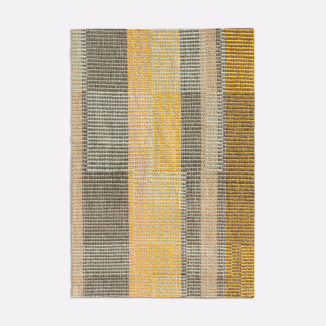Dense woven swatch with ochre, mustard, cream, grey and olive vertical stripes