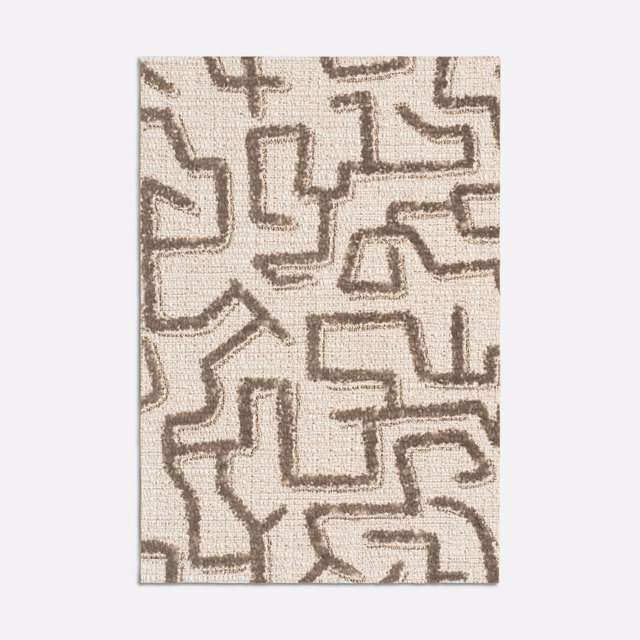 Warm ivory woven fabric with taupe abstract maze-like geometric lines