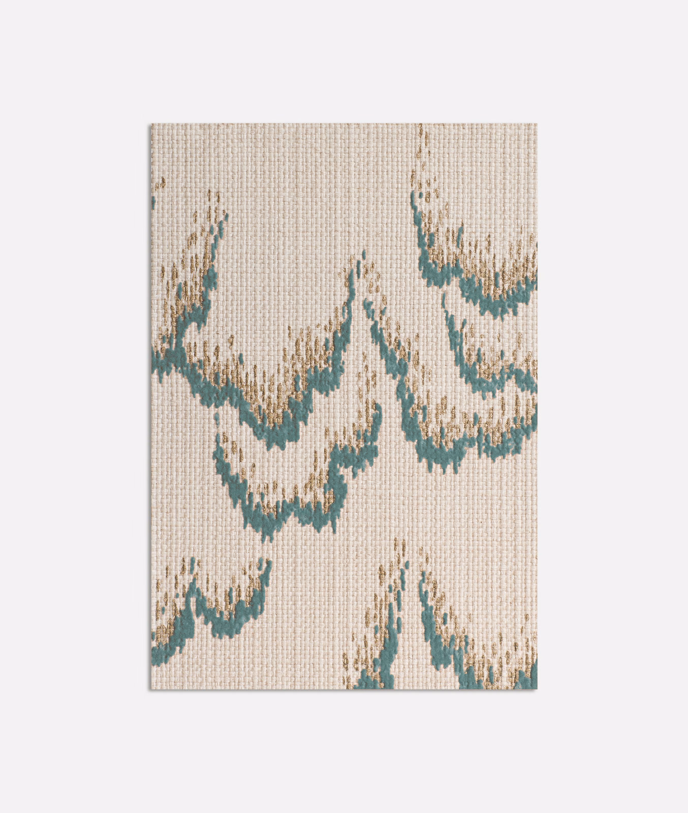Cream woven upholstery with muted celadon-teal scalloped abstract motifs
