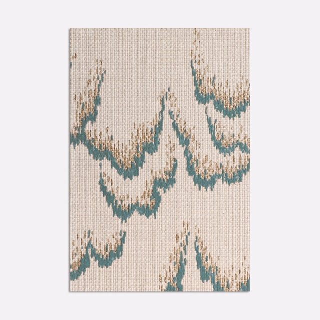 Cream woven upholstery with muted celadon-teal scalloped abstract motifs