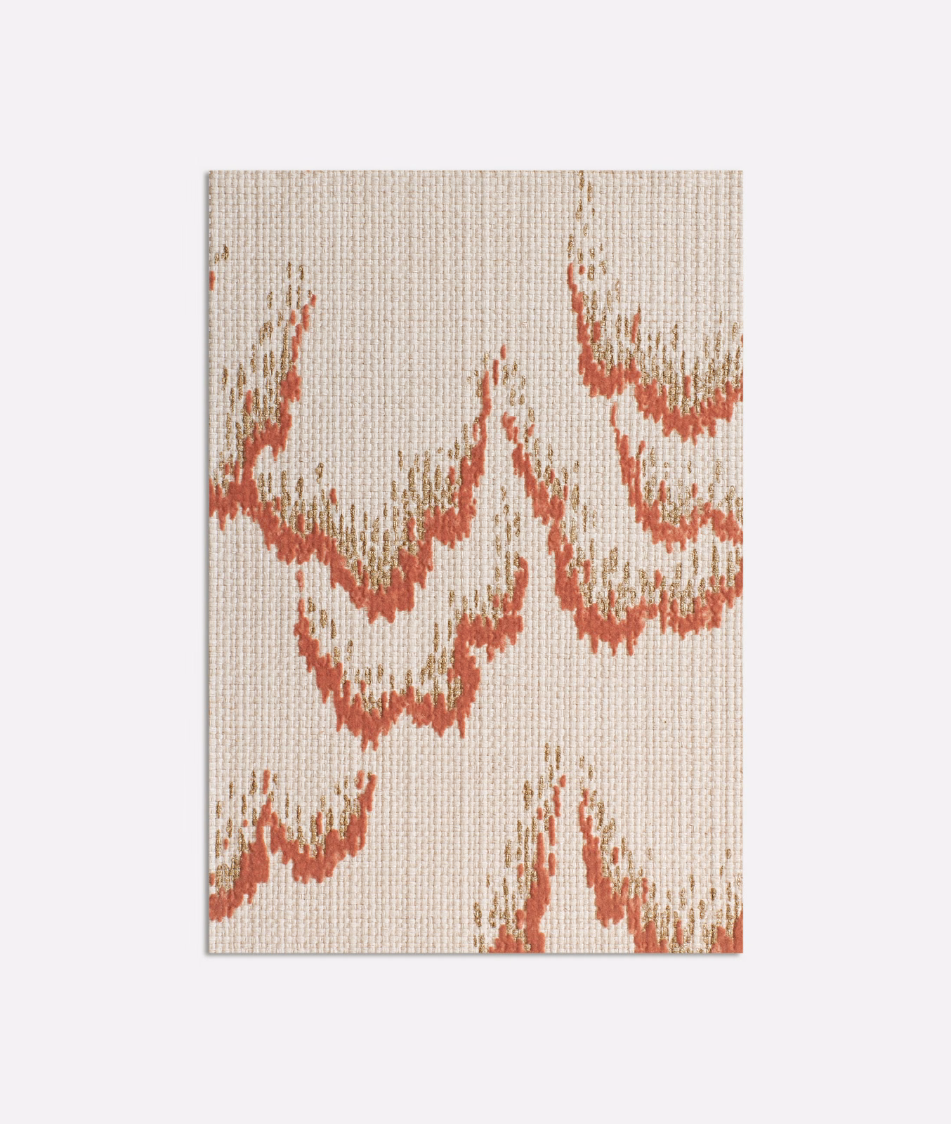 Ivory woven upholstery swatch with irregular coral-red scalloped motifs and ribbed texture