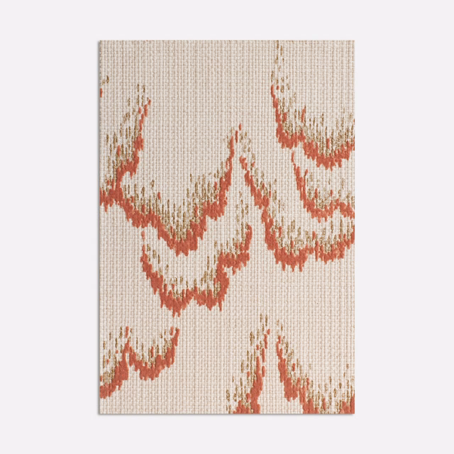 Ivory woven upholstery swatch with irregular coral-red scalloped motifs and ribbed texture