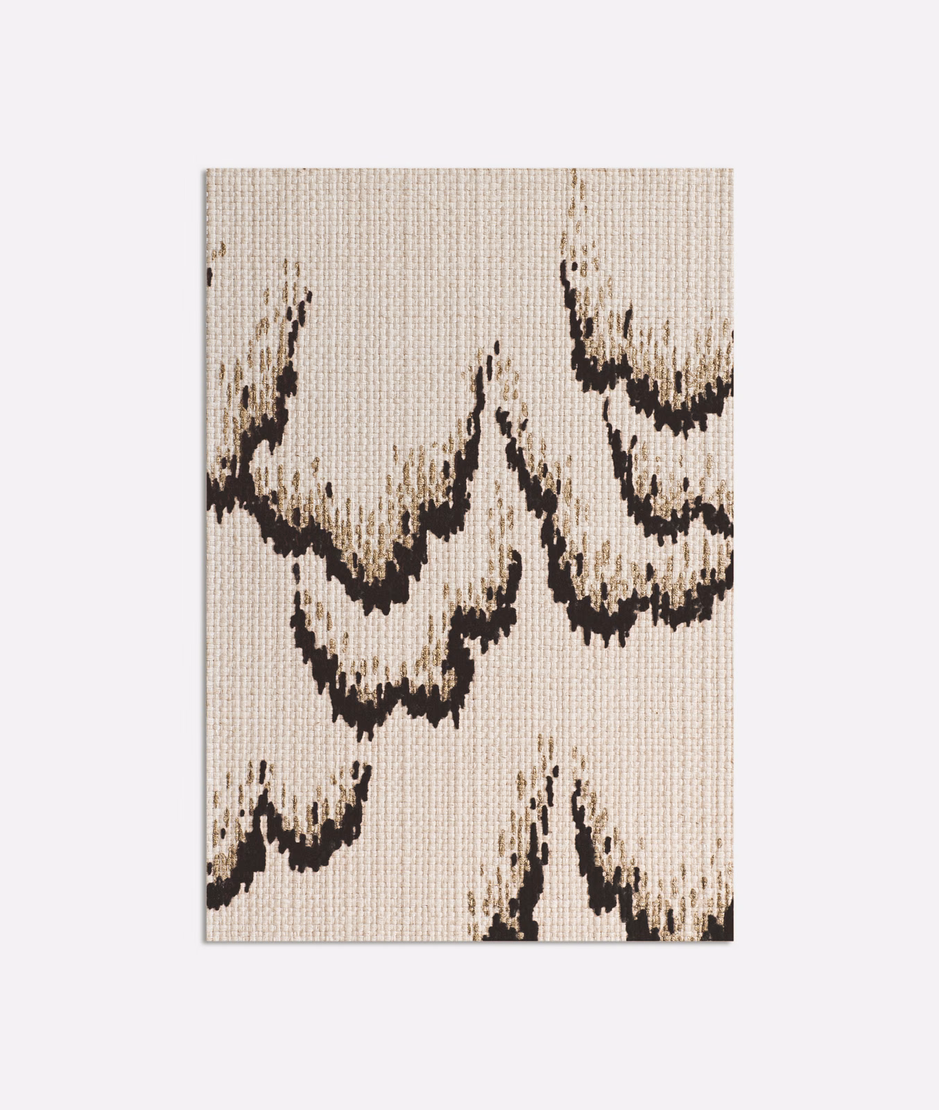Pale lilac woven upholstery swatch with charcoal abstract lava-like sweeping motifs