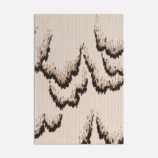 Pale lilac woven upholstery swatch with charcoal abstract lava-like sweeping motifs