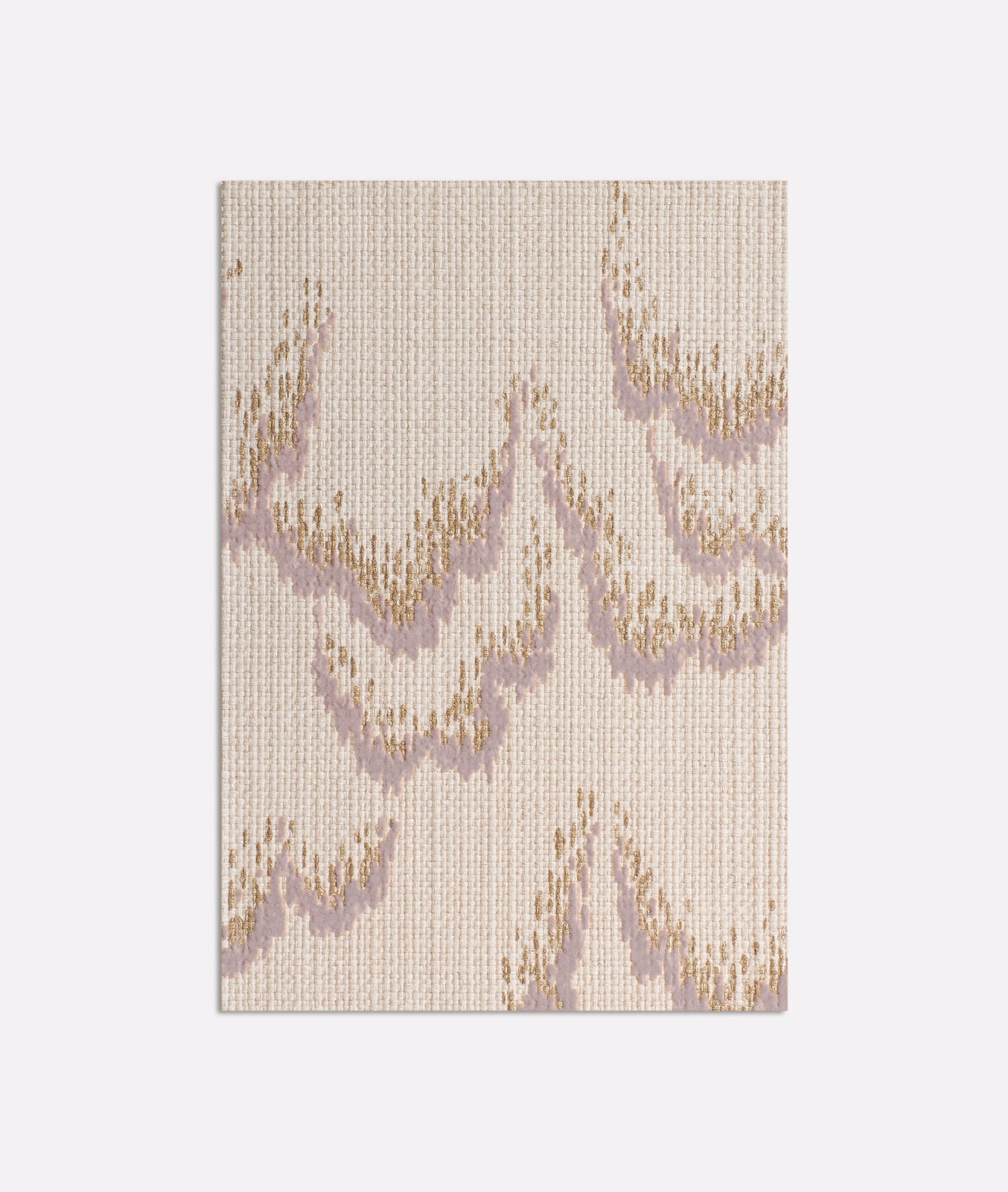Pale beige woven fabric with dusty lilac abstract sweeps and warm gold flecks