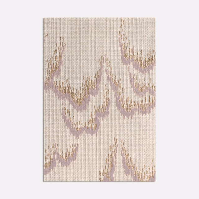 Pale beige woven fabric with dusty lilac abstract sweeps and warm gold flecks