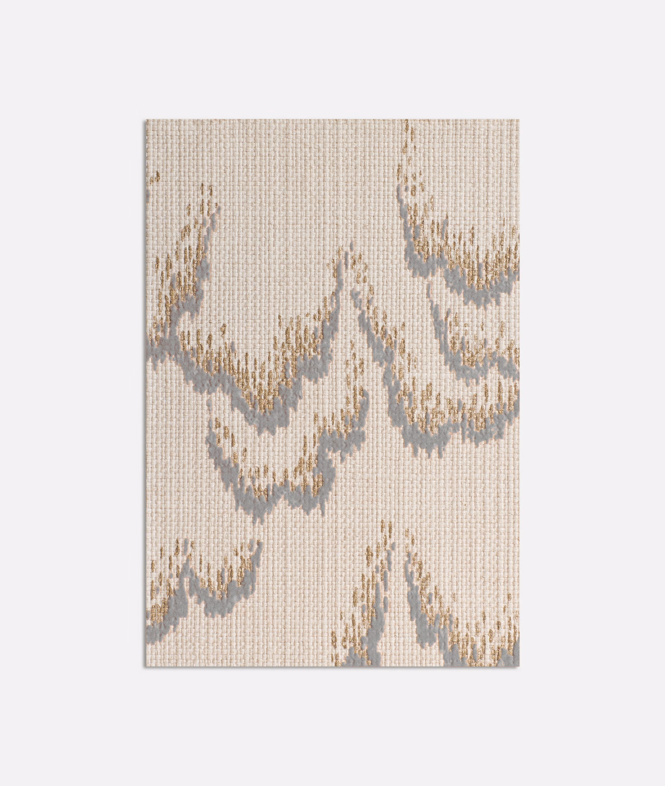 Pale lilac-grey woven swatch with taupe-gold scalloped motifs and vertical ribbed texture