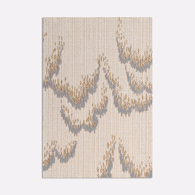 Pale lilac-grey woven swatch with taupe-gold scalloped motifs and vertical ribbed texture