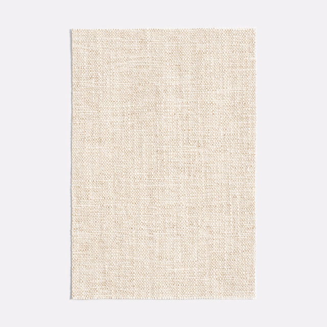 Warm ivory-beige woven upholstery swatch with subtle mineral flecks and fine vertical texture