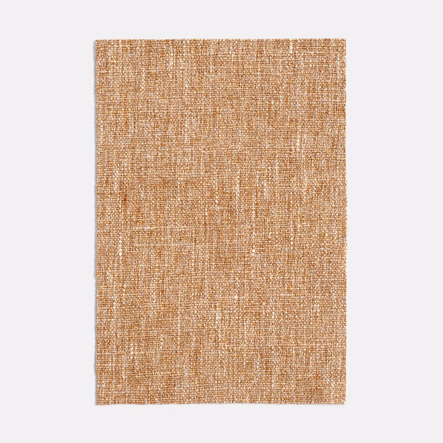 Warm ochre textile swatch with fine flecked weave and golden-brown variation