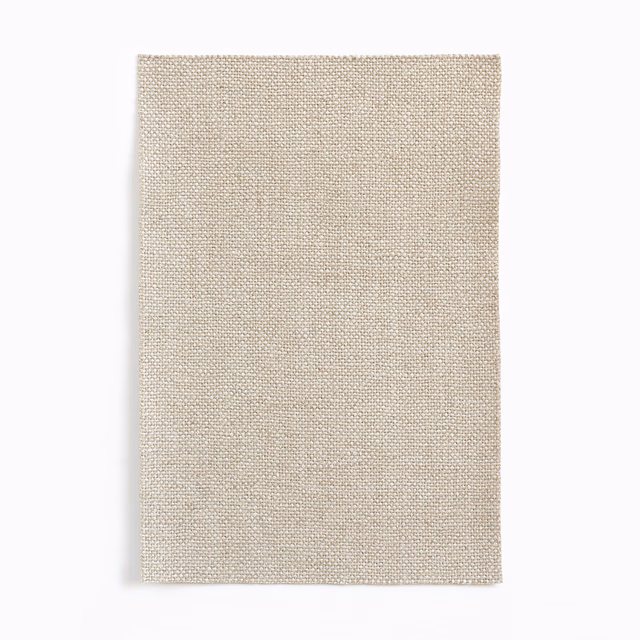 Warm beige Madeira Lino swatch showing a fine, softly flecked plain weave